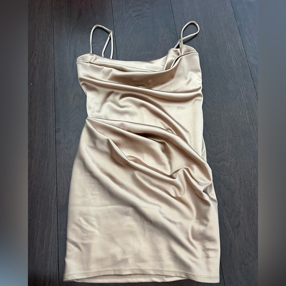 Lucy in the sky gold satin ruched mini dress